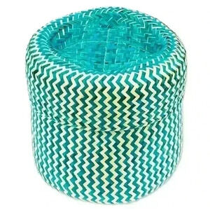 Handwoven Green Blue Basket w/Lid Made of Palm Fibers in Mexico “Tiger in Green”
